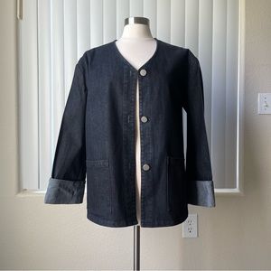 Mona Black Collarless Three Silver Button Down Denim Jacket  Padded Shoulder Bla